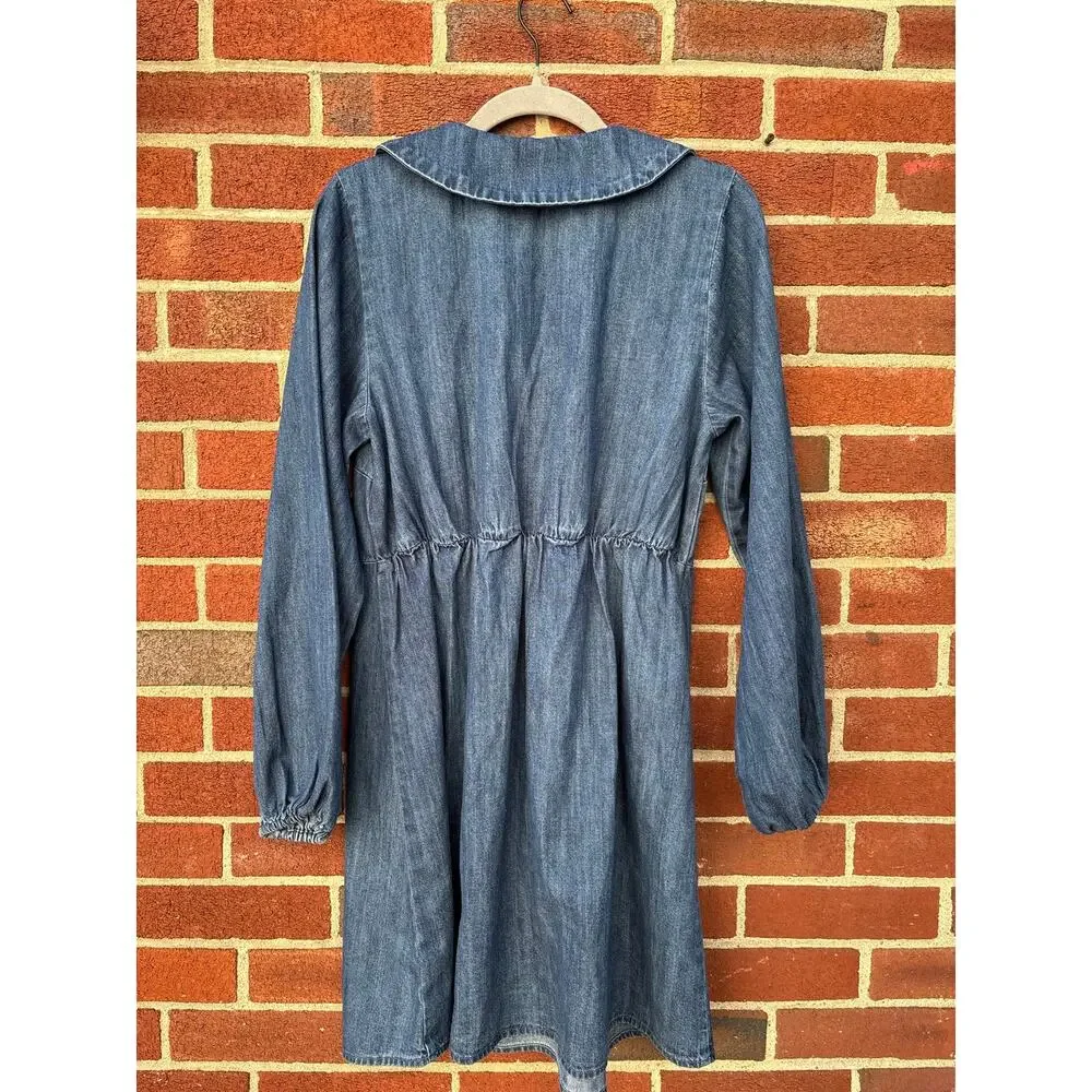 Old Navy Chambray Denim Dress Medium 100% Cotton Long Sleeve Boho Cottagecore - Picture 10 of 11